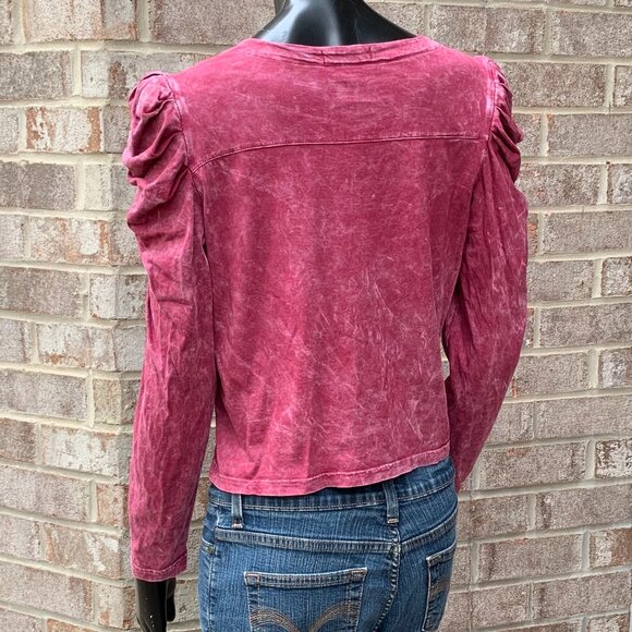 7 For All Mankind Puff Shoulder V-Neck Long Sleeve Stone Washed Cropped Top Sz S - Picture 5 of 12